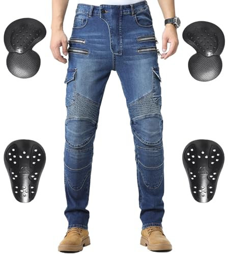 CTBQiTom Pantaloni da Motociclista da Uomo, Pantaloni da Motociclista Corazzati con Armatura CE Rimovibile,Blu,M=32W/30L