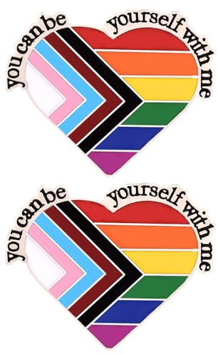 Packung mit 2 Regenbogen-Ansteckern, Gay-Pride-Anstecker mit inspirierenden Zitaten „You Can Be Yourself With Me“-Anstecker, Regenbogen-Herz-Anstecker