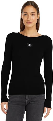 Calvin Klein Jeans Women's Woven Label Tight Jumper Without Hood, Black (Ck Black), XS