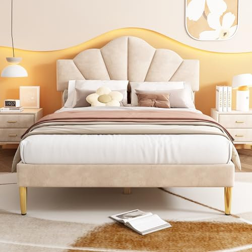 Polsterbett, Einzelbett 140x200 cm aus Samt, muschelartiges Bett mit goldenen Eisenbeinen, höhenverstellbares Kopfteil, Holzlattenrost Beige