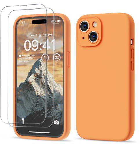 GOODVISH 3 in 1 Designed for iPhone 15 Case Premium Silicone 6.1 (2023)| Upgraded Camera Protection, 2 Pack Screen Protector, Shockproof Anti-Scratch Gel Rubber Slim Phone Case Cover, Orange