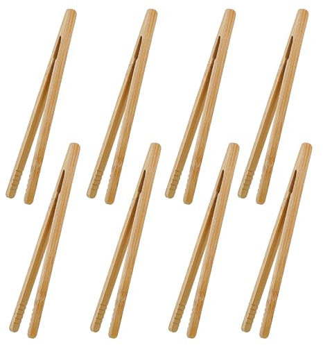 Lot de 8 pinces de cuisine en bois naturel de 17,8 cm - Pince à toast - Pince en bois - Pince à barbecue - Pince en bambou pour saucisses - Tongs en bois - Réutilisable - Petite pince pour planche à