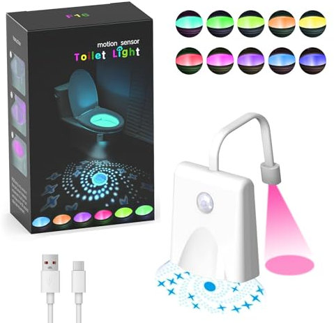 Fulluky Toilettenlichter Wiederaufladbar Durch Projektilbewegung Aktiviert, Toilettensitz-Lichtsensor, LED-Badezimmer-Nachtlicht, 12 Farben, Wasserdichte Gadgets für Männer und Frauen (1 STÜCK)