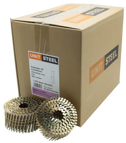 UnitSteel 15° Coilnägel- 2,3X65mm, 7.200 Stück, Ringnägel für Druckluft-Nagler, Ring/verzinkt, für fast alle Marken von Tackern