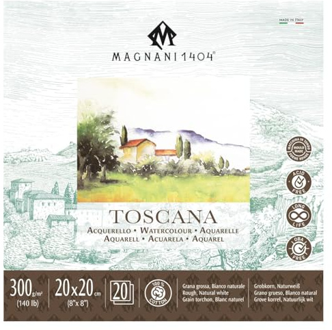 Magnani 1404 Toscana Aquarellpapier, grob, 100% Baumwolle, 20 Blatt, 20 x 20 cm, 63,5 kg, säurefrei, UV-beständig, karierte Kanten, veganes Aquarellpapier für Künstler, hergestellt in Italien