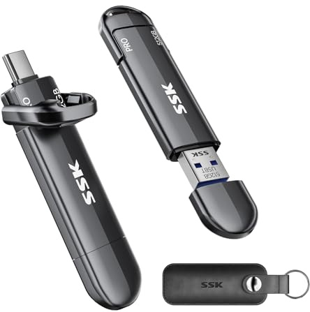 SSK Disque SSD externe USB 512 Go, 1 000 Mo/s sans perte de vitesse, USB A + USB C 3.2 Gen 2 portable SSD Photo Stick pour iPhone 15/Pro, Windows, Mac, téléphones Android..