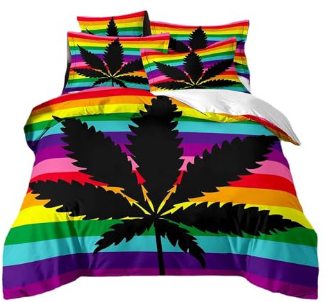 ZZTBQ Cannabisblatt Blätter Bettwäsche 220x240 Bettbezug Erwachsener 220 x 240 Bunt Streifen Marihuana Weed Bettwäsche-Sets 220x240 aus Mikrofaser mit Reißverschluss