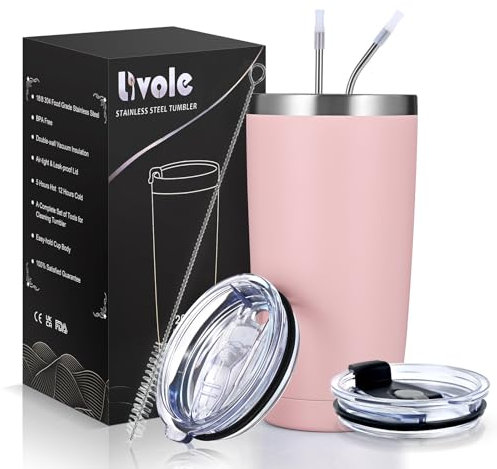 Livole 20oz Travel Mug for Cold Drinks, 600ml Insulated Vacuum Tumbler with Straw and Lid, Double Walled Coffee Cup Travel Mug, Stainless Steel Wine Tumbler for Ice Coffee, Cocktail, Light Pink