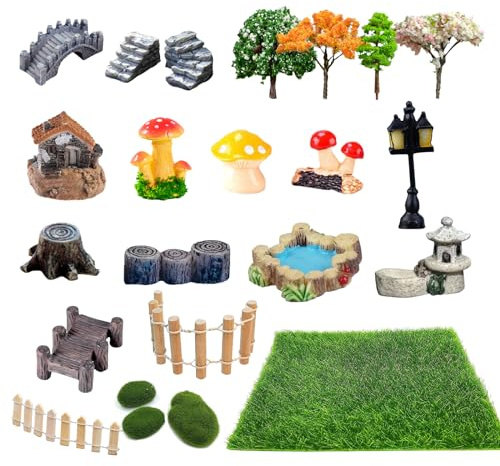 Julang 23 Pcs Fairy Garden Miniatures Jumping Spider Enclosure Accessories, Mini Bridge Fence Pond Street Lamps Mushroom Lawn Figurines Garden Decorations for Jumping Spider Habitat