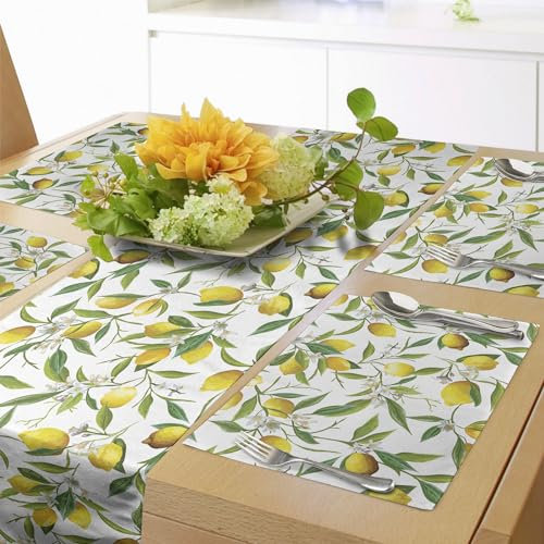 ABAKUHAUS Natur Tischläufer & 4 Stück Tischsets, Blühende Zitrone Woody Plant Romance-Lebensraum-Zitrusfrucht-frischer Hintergrund, Tischdeko-Set, 180 x 40 cm, Grün Weiß