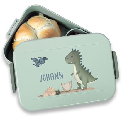 hellomini Mepal Brotdose - Personalisiert - Brotdose Kinder mit Fächern - Snackbox mit Fächern - Lunchbox, Bento Box Geschenk zu Einschulung - Einschulungsgeschenk (T-Rex, Grün)