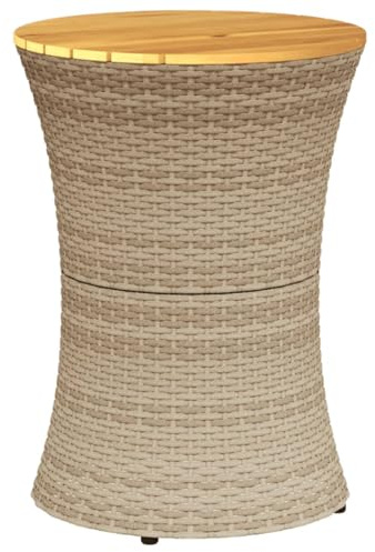 Makastle Garten Beistelltisch rund Balkontisch Couchtisch Sofatisch Kleiner Tisch für Garten Balkon Terrasse, Trommelform Beige Poly Rattan Massivholz