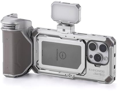 TILTA Khronos Phone Cage for iPhone 15 Pro with Mini LED Panel and Focus PD Handle, Aluminum Alloy Mobile Video Rig, Smartphone Case Stabilizer Basic Kit – Titanium White TK-IP15-PB-TW