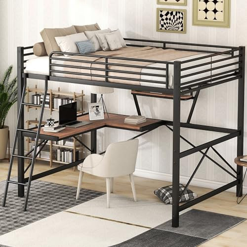 Full Size Loft Bed with Desk and Storage Shelf, Full Loft Bed with Guardrail, Full Loft Bed for Kids, Teens