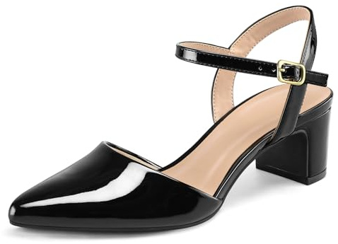 mysoft Women's Pumps 2 Inch Chunky Block Heel Pointed Toe Ankle Strap Slingback Wedding Party Dress Shoes Black Patent