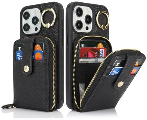 SailorTech iPhone 15 Pro Max Case Ring Stand with Credit Card Holder for Women, iPhone 15 Pro Max Leather Case Wallet with Credit Card Slots Zipper Case for iPhone 15 Pro Max-Black