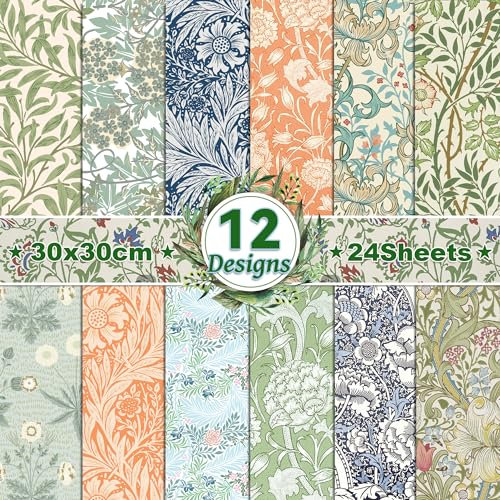 30x30 Scrapbook Papier Vintage Doppelseitiges Decoupage, 12 Muster 24 Blatt Blumen Hochzeit Dekorpapier für Journal Scrapbooking, DIY Fotoalbum
