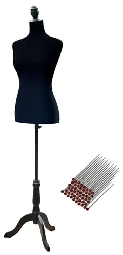 HOMCOM Nähen Schaufensterpuppe Weibliche Schaufensterpuppe Verstellbar auf 130-168 cm mit Holzstativ 50 farbige Stifte für Modefotografie Kleidungsstück Display Schwarz
