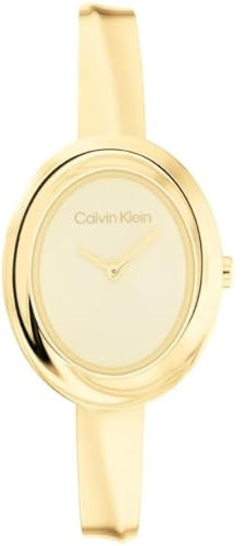 Calvin Klein Zwei-Zeiger-Quarzwerk-Uhr für Damen Kollektion Twisted Bezel mit Goldfarben mit Armreif aus Edelstahl - 25100056
