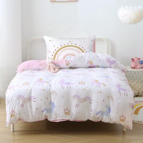FEKOHIPY Kids Duvet Cover Set Unicorn Children's Bedding Single 135x200 Girls Pink 3D Print Microfibre Kid Duvet Cover with Zip and 1 Envelope Pillow Case 50x75cm Rainbow Castle Child Bedding Linen