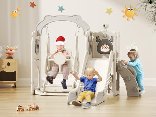 Lischwert Swing Slide Toddler Slide Set, Freestanding Climbing Frame with Basketball Hoop, Perfect for Toddler Christmas or Birthday Gift (Beige Gray 6-in-1)