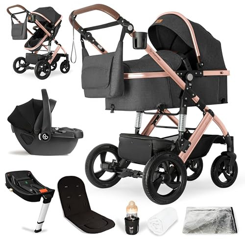 Bergsteiger Nizza 3 in 1 Kinderwagen, Kombikinderwagen Komplettset, Auto-Babyschale & Isofix Station, Babywanne & Buggy Sportsitz inklusive