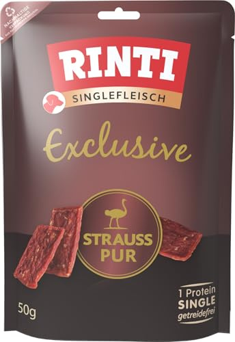 RINTI - Singlefleisch Exclusive | Leicht verdauliche Snacks aus exklusiver Fleischart für Sensible, ausgewachsene Hunde. Getreide- und zuckerfreie Hundesnacks im Frischebeutel | 12x50g Strauß Pur