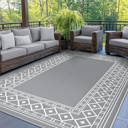 GENIMO Outdoor Teppich Wetterfest 180x275 cm, Waschbarer Balkon Teppich mit UV-Schutz, Wendbarer Moderner Polypropylen-Teppich für Terrasse, Garten, Wohnmobil, Picknick & Hinterhof – Weiß Grau