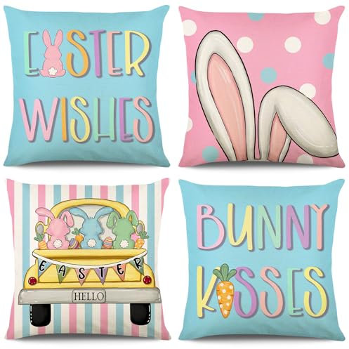 KIKISML 4 Stück Ostern Kissenbezug, Baumwolle Leinen Drucken Ostern Zierkissenbezüge 45x45cm, Ostern Kissenbezüge, Happy Easter Zierkissenbezug, Sofa Kissen Osterdeko (Rosa Kaninchen)