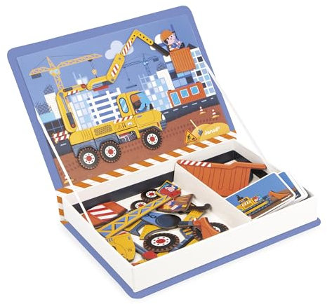 Janod - Magnéti'Book Véhicules du Chantier - Jeu Educatif Magnétique 50 Aimants + 18 Modèles - Jouet Enfant en Carton FSC - Développe Dextérité et Imagination - Dès 3 Ans - J02526