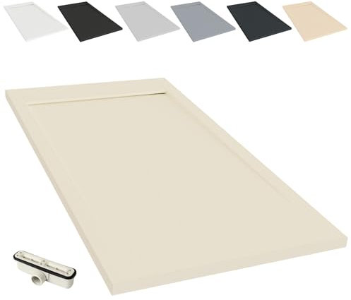 NEBADOON | Plato de Ducha Modelo Venecia - Plato Ducha Resina con Textura Pizarra - Antideslizante y Antibacteriano - Crema (RAL 1013) 70x140 cm - Incluye Válvula Desagüe y Rejilla.