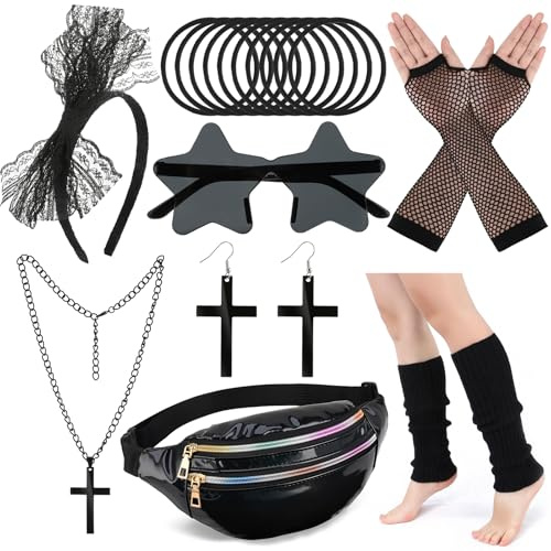 GSrenyu 20 Pcs 70s 80s Accessories for Women Girls, 1980s Fancy Dress with Fanny Pack, Lace Headband, Glasses, Leg Warmers, Fishnet Gloves, Earrings, Necklace & Bracelet for Retro Party, Dress up Day
