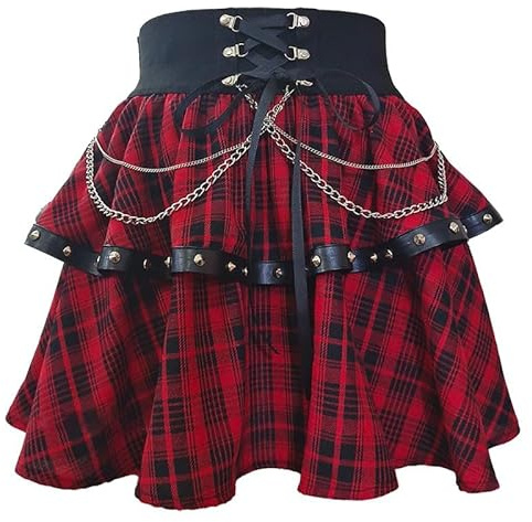 Jupe gothique pour femme - Taille haute - Jupe à volants - Taille élastique - Mini jupe avec chaînes, rouge à carreaux, L