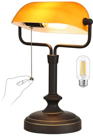 LOFOB Classic Banker's Desk Lamp, Amber Glass Shade, Antique Black Base, 60W Max, Pull Chain Switch