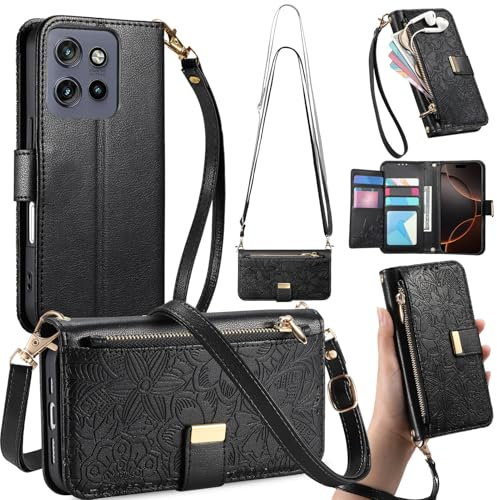 GOKEN Case Cover for Motorola Edge 50 Neo - Premium PU Zipper Leather Wallet with Magnetic Flip, Silicone Interior, Card Holder, Foldable Kickstand - Black