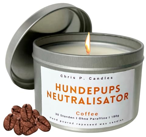 Chris P. Candles Duftkerze mit Spruch Hundepups Neutralisator – Rapswachs, 180g, 30h – lustiges Geschenk für Hundeliebhaber, Freundin, Kollegen – wiederverwendbare Dose (Kaffee)