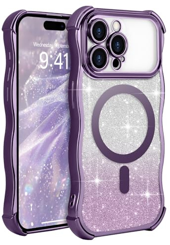 Wirvyuer for iPhone 14 Pro Max Wave Frame Bling Card Magnetic Case, Purple | Compatible with Magsafe Plating Removable Glitter Card Cover, Clear Shockproof Anti-scratch Slim Phone Case for Women Girls