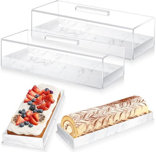 JTKDG 2 Pcs Rectangular Serving Tray with Lid Marbleized Grain Rectangular Cake Stand Acrylic Cake Holder Rectangle Pastry Display Case Elegant Marble Dessert Tray with Lid (Gray)
