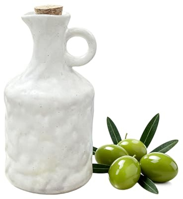 White Ceramic Olive Oil Dispenser with Cork Stopper 13.5 Oz Hand crafted | Reactive Glaze Texture Oil Pot, Leak - Proof Small Hole Spout for Kitchen, Ideal for Vinegar, Wine, Soy Sauce, Lemon Juice