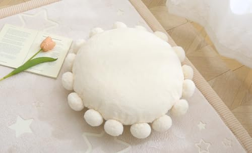 MolynnChic Runder Pom Pom Sitzkissen–Weiches Sitzkissenaus Kunstkaninchenfell für Erwachsene & Kinder,40cm Flauschiges Bodenkissenfür Wohnzimmer,Schlafzimmer oder Fensterbank–Cremeweiß