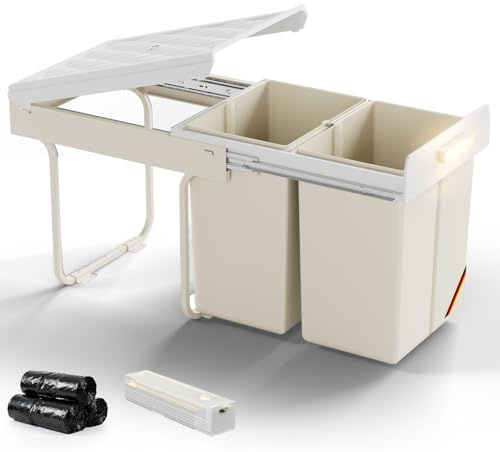 WoRaum Poubelle Encastrable Sous Évier, Capacité Totale 40L (2×20L), Tri à 2 Compartiments, Design Coulissante, Compatible avec Meubles/Cuisine Sous Évier, Bacs Amovibles Faciles à Nettoyer, Blanc
