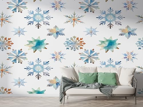 Weihnachts Schneeflocke Blauer Schnee Tapete, Winter Fototapete, Festival Wandpapier, Vliestapete Selbstklebende Wand Deko, Motivtapeten Schlafzimmer Wohnzimmer, 350x256 cm - K-801