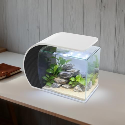 Aquarium 19L, 3.2 W Modern Nano Aquarium, Tischaquarium | 4 Farben LED-Beleuchtung, Filterung & Sauerstoffzufuhr & Zirkulation, H.max: 0,6 m, Q.max: 200 l/h, Doppelte Wasserauslässe