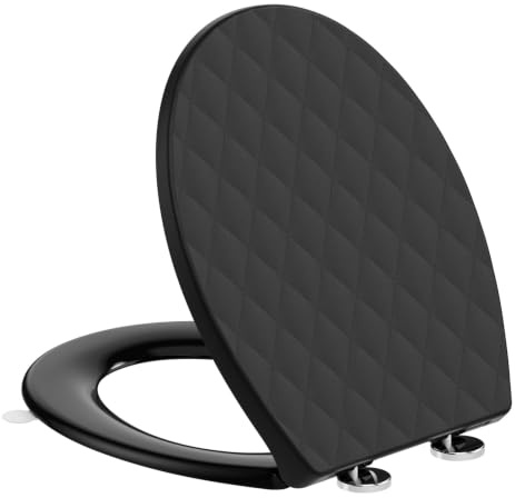 SREWOHS PRO Abattant WC Forme O en PP avec Poignée de Relevage Intégrée, Frein de Chute Double, Motif 3D Effet Cuir, Anti-UV Inaltérable, Quick Release, Fixation Top-Mount, Gabarit + Vidéo, Noir