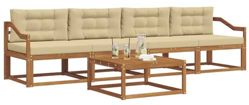vidaXL Outdoor-Sofagarnitur mit Kissen 5 pcs Natur und Beige, Stylische Gartenmöbel, modernes Sofa-Set, langlebige Möbel für Poolbereich, Bequeme Sitzgelegenheiten für die Terrasse
