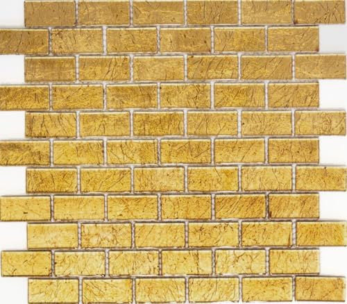 Mosaik Fliese Transluzent Brick Glasmosaik Crystal gold Struktur für WAND BAD WC DUSCHE KÜCHE FLIESENSPIEGEL, Mattengröße: 300x300 = 0,09 qm, Steingröße: 23x48x4 mm - 1 Matte