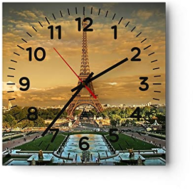 ARTTOR Moderne Glasuhr 30x30cm Quadrat Wanduhr Architektur Städte - 0435 | Eiffelturm Frankreich Paris Glas Analog Wanduhr Lautlos Wanddekoration Wohnzimmer Küche Wanddeko Küchenuhr Geräuschlos ARTTOR
