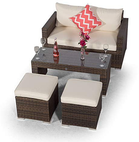 Giardino Sydney Rattan 2 Seat Garden Sofa with Coffee Table, 2 Stools & Cover, Outdoor Seating Patio Furniture, Loveseat, Brown