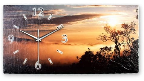 Kreative Feder Designer-Wanduhr Sonnenaufgang aus Stein mit Zeigern aus gebürstetem Aluminium - Designeruhr aus Stein mit flüsterleisem Uhrwerk (Sonnenaufgang, leises Quarzuhrwerk)