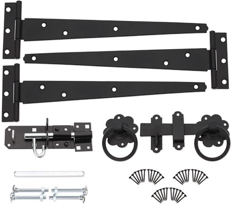 Infinity Decor 10” / 250mm Tee Hinges (3) Garden Gate kit Plain Ring Latch and Brenton Bolt Gate Epoxy Black for Wooden Shed Doors & Garage Gate Fitting Kit